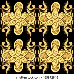 Seamless vintage pattern on black background with golden elements. Vector illustration.