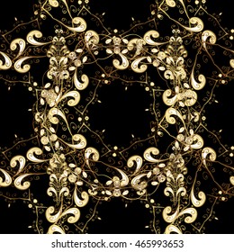 Seamless vintage pattern on black background with golden elements. Vector illustration.