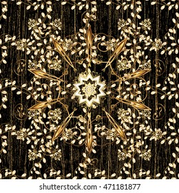 Seamless vintage pattern on black background with golden elements.