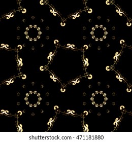 Seamless vintage pattern on black background with golden elements.