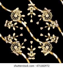 Seamless vintage pattern on black background with golden elements.