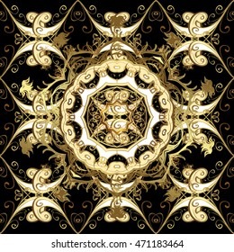 Seamless vintage pattern on black background with golden elements.