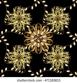 Seamless vintage pattern on black background with golden elements.