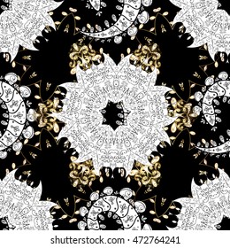 Seamless vintage pattern on black background with white and golden floral elements.