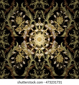 Seamless vintage pattern on black background with golden elements.