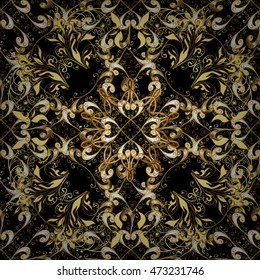 Seamless vintage pattern on black background with golden elements.