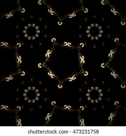 Seamless vintage pattern on black background with golden elements.