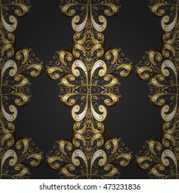 Seamless vintage pattern on black background with golden elements.
