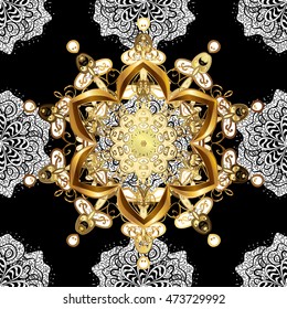 Seamless vintage pattern on black background with white and golden floral elements.
