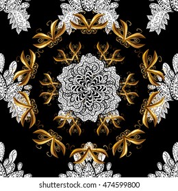 Seamless vintage pattern on black background with white and golden floral elements.
