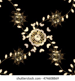 Seamless vintage pattern on black background with golden elements.