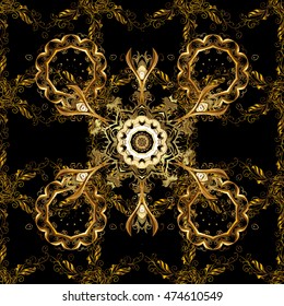 Seamless vintage pattern on black background with golden elements.