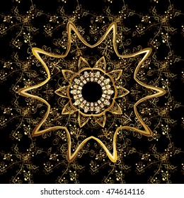 Seamless vintage pattern on black background with golden elements.