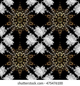 Seamless vintage pattern on black background with white and golden floral elements.