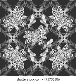 Seamless vintage pattern on black background with gray elements.