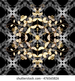 Seamless vintage pattern on black background with golden elements.