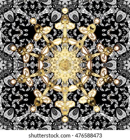 Seamless vintage pattern on black background with golden elements.
