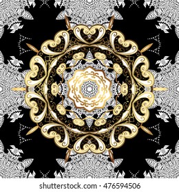 Seamless vintage pattern on black background with golden and white elements.