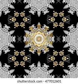 Seamless vintage pattern on black background with golden elements.