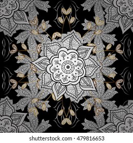 Seamless vintage pattern on black background with white and golden floral elements.