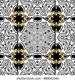 Seamless vintage pattern on black background with white and golden floral elements.