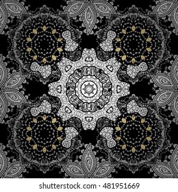 Seamless vintage pattern on black background with white and golden floral elements.