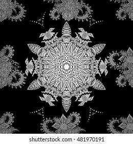 Seamless vintage pattern on black background with white and golden floral elements.