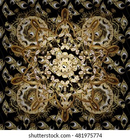 Seamless vintage pattern on black background with golden elements.