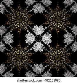 Seamless vintage pattern on black background with white and golden floral elements.