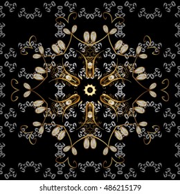 Seamless vintage pattern on black background with golden elements.