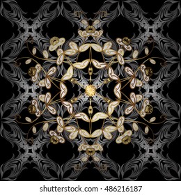 Seamless vintage pattern on black background with golden elements.