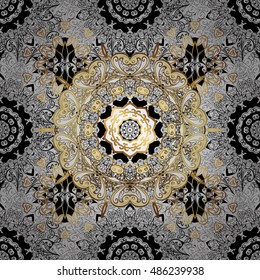 Seamless vintage pattern on black background with golden elements.