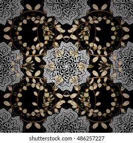 Seamless vintage pattern on black background with golden elements.