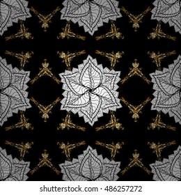 Seamless vintage pattern on black background with golden elements.