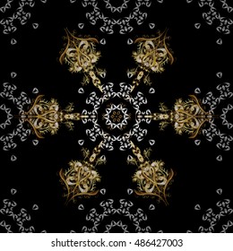 Seamless vintage pattern on black background with golden elements.
