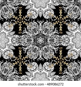 Seamless vintage pattern on black background with golden and white elements.