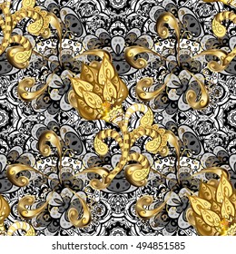 Seamless vintage pattern on black background with white and golden floral elements.