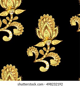 Seamless vintage pattern on black background with golden elements.