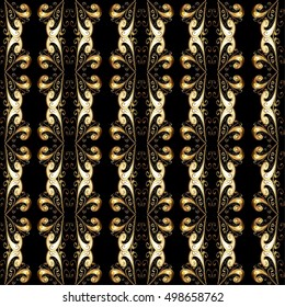 Seamless vintage pattern on black background with golden elements.