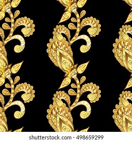 Seamless vintage pattern on black background with golden elements.