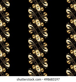 Seamless vintage pattern on black background with golden elements.