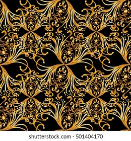 Seamless vintage pattern on black background with golden elements.