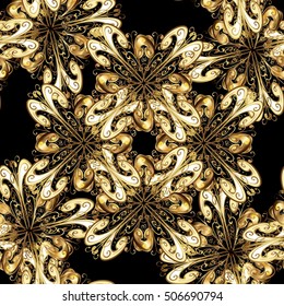 Seamless vintage pattern on black background with golden elements.