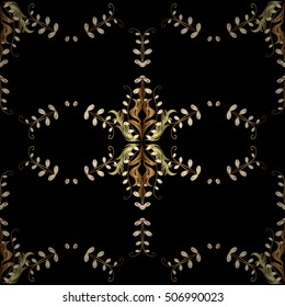 Seamless vintage pattern on black background with golden elements.
