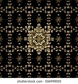 Seamless vintage pattern on black background with golden elements.