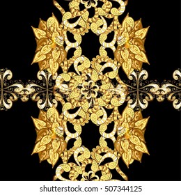 Seamless vintage pattern on black background with golden elements.