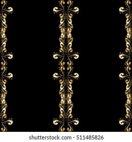 Seamless vintage pattern on black background with golden elements.