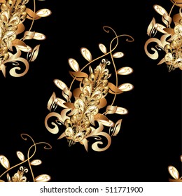 Seamless vintage pattern on black background with golden elements.
