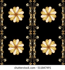 Seamless vintage pattern on black background with golden elements. Golden flowers.