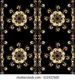 Seamless vintage pattern on black background with golden elements. Golden flowers.